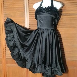 Vintage handmade black satin halter circle dress